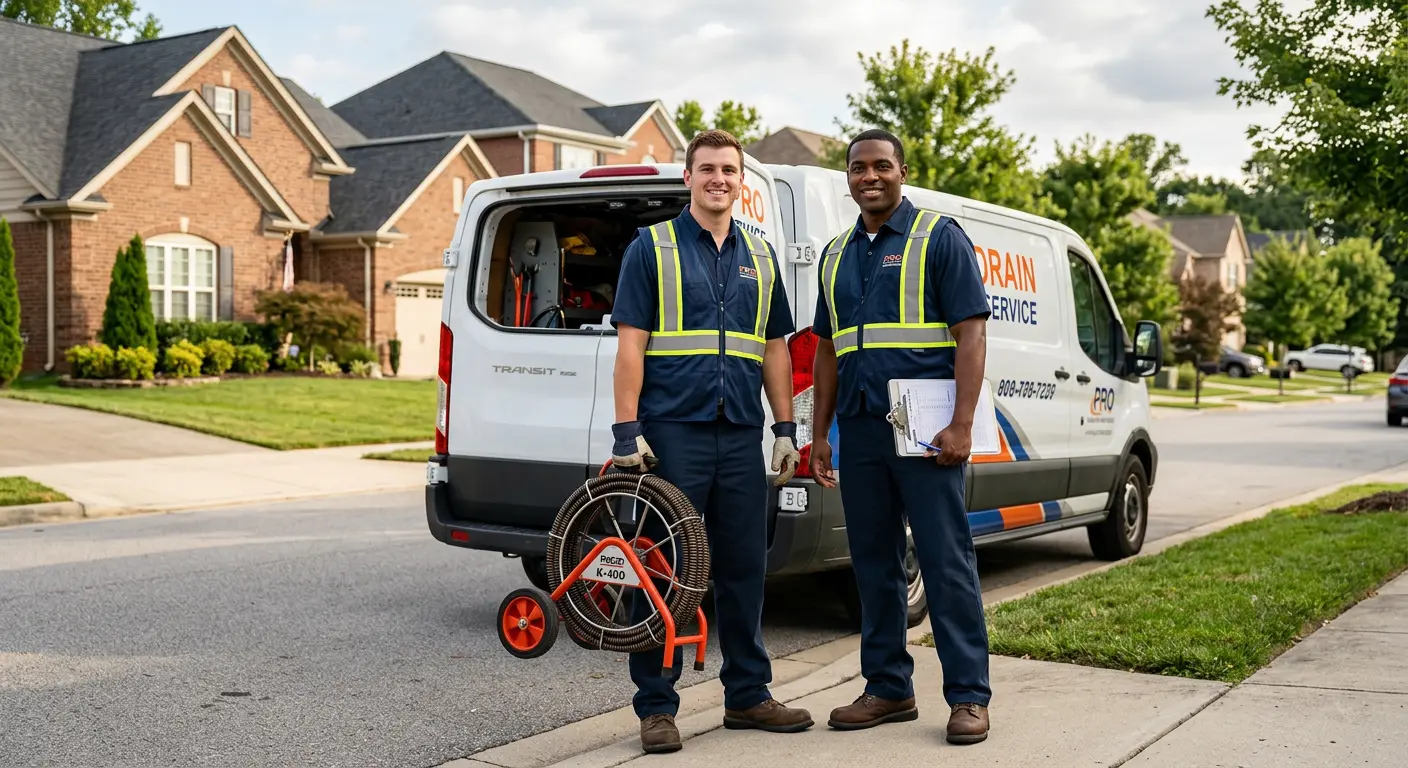 Sewer and drain service team with equipment ready for work in Riverdale