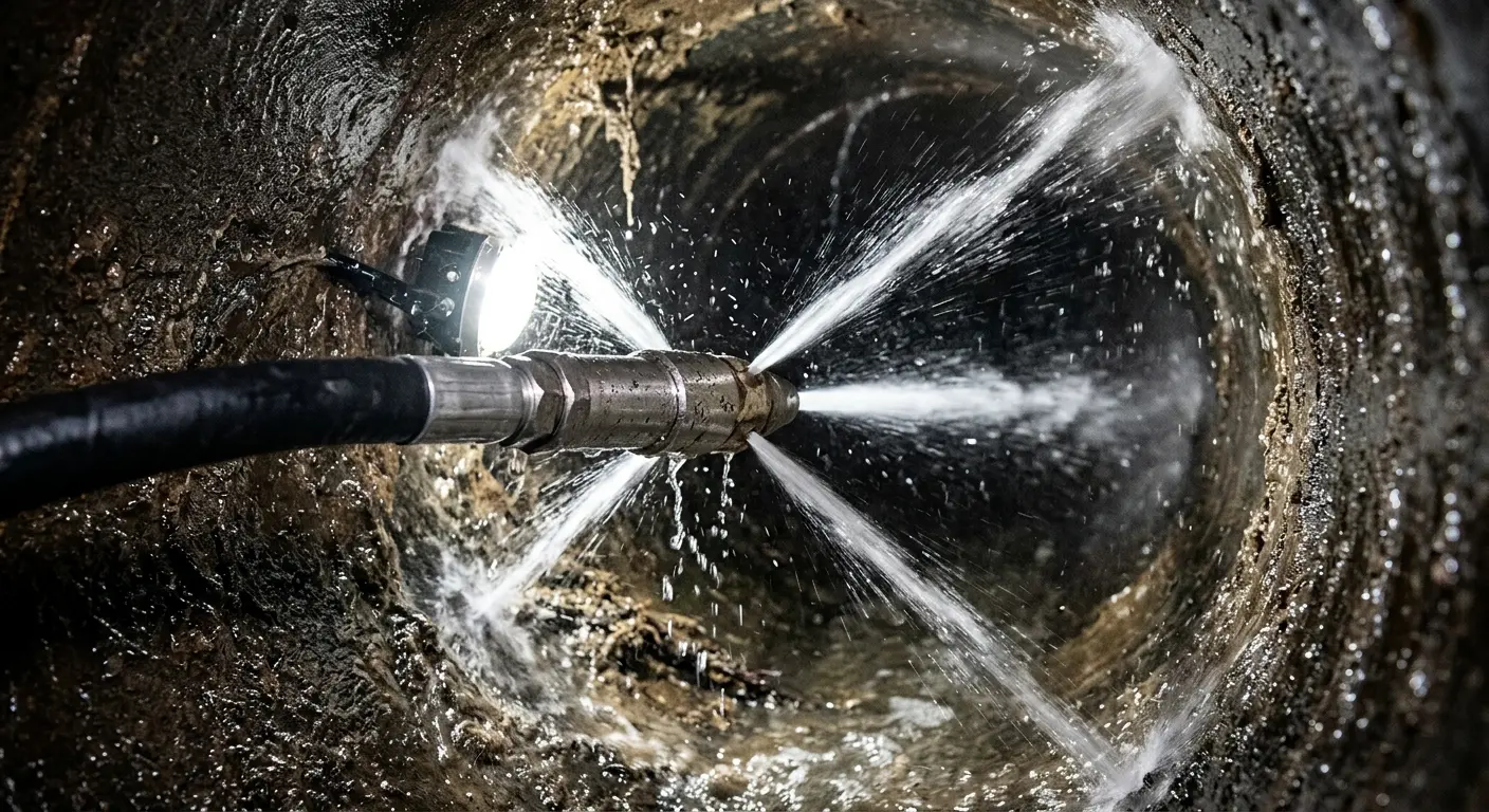 High-pressure hydro jetting nozzle cleaning sewer pipe for Trenchless Sewer Repair in Riverdale