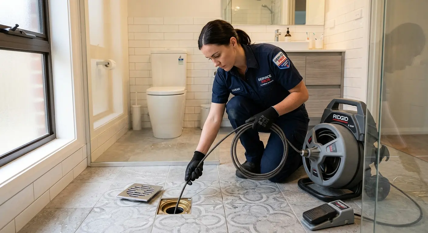 Technician clearing a bathroom floor drain for Sewer Line Replacement in Riverdale